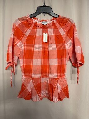 Waverly Grey Liberant  Plaid Peplum Tie-Sleeve Top, Size S, Color Red/White